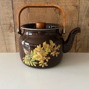 Upcycled Mid Century Danish Modern Brown Enamel Teapot with Floral and Butterfly